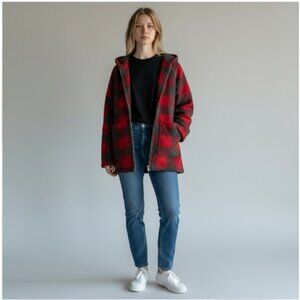 Woolrich Wool Blend Hooded Mid Weight Duffle Coat Jacket Red Plaid Women's Small